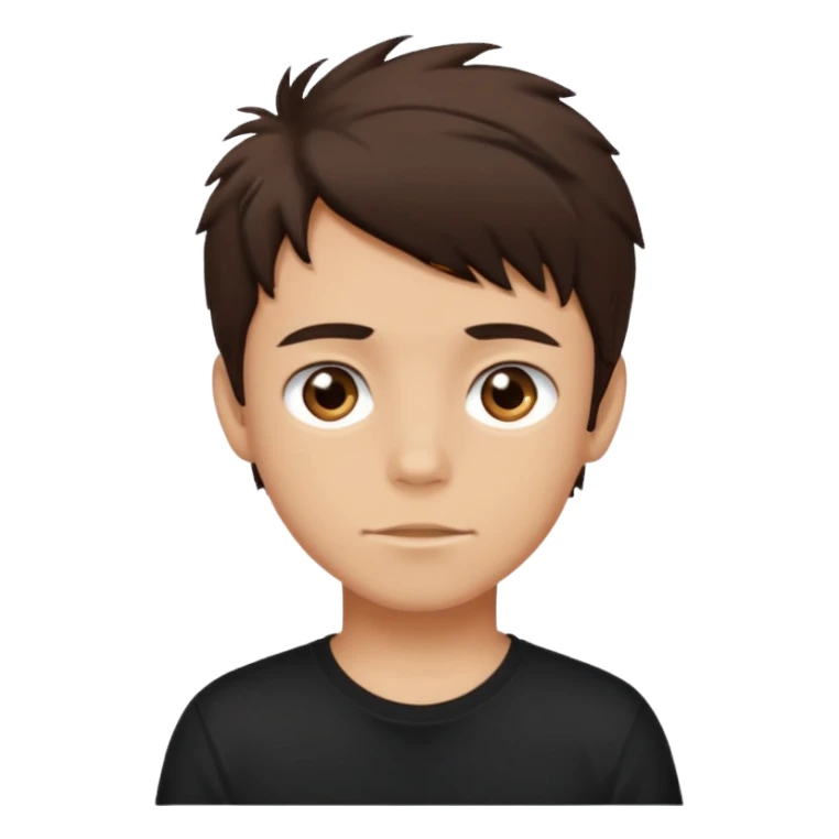 a light tan boy with messy dark brown hair. Wearing a black tshirt sticker