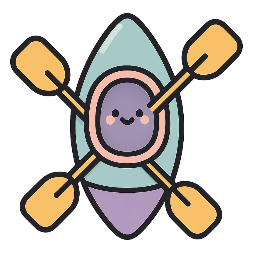 cute rowing kayak with paddle, side view, icon-color-outlined style, detailed shading, thin clean outlines, soft rounded features, pastel palette #98B5BC #B5B3C1 #C9A3C9 #E4C0CA #F7DCD1 #F7C0AA, Japanese pop art, sticker look, highly detailed, vector clarity, soft lighting, subtle shadows, transparent background sticker