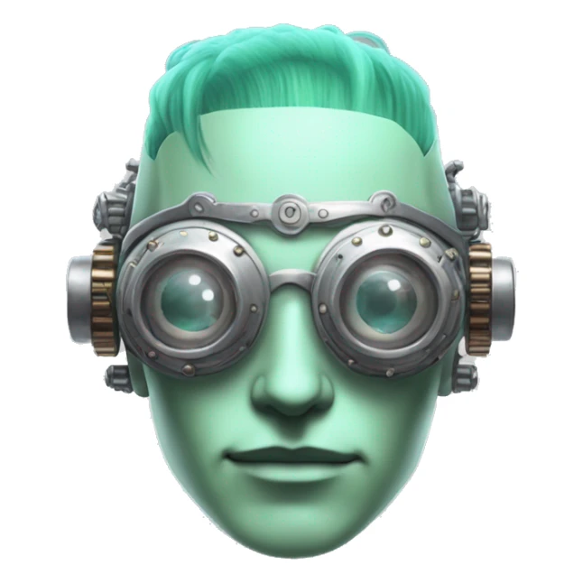 Pastel green haired male cyborg head with silver steampunk goggles sticker