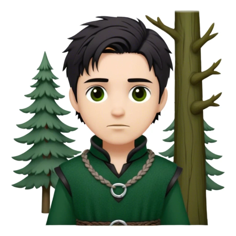 Medieval spring outfit worn by a DnD themed fantasy male character. Forest green wool tunic with silver thread detailing at the collar, secured with a braided leather belt. Clothes only above the waist, full waist coverage. The character has no arms. Character is white-skinned with raven-black hair, deep brown eyes, and tousled short hair. sticker