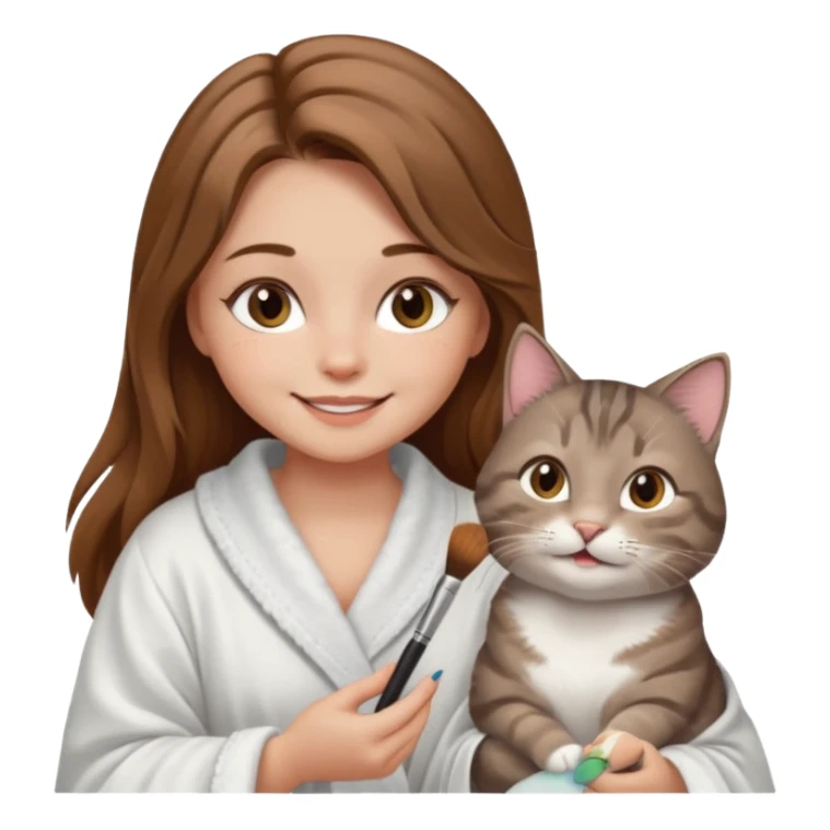 A image of a girl with light long brown hair doing her makeup with her chubby grey tabby cat. She is smiling sticker