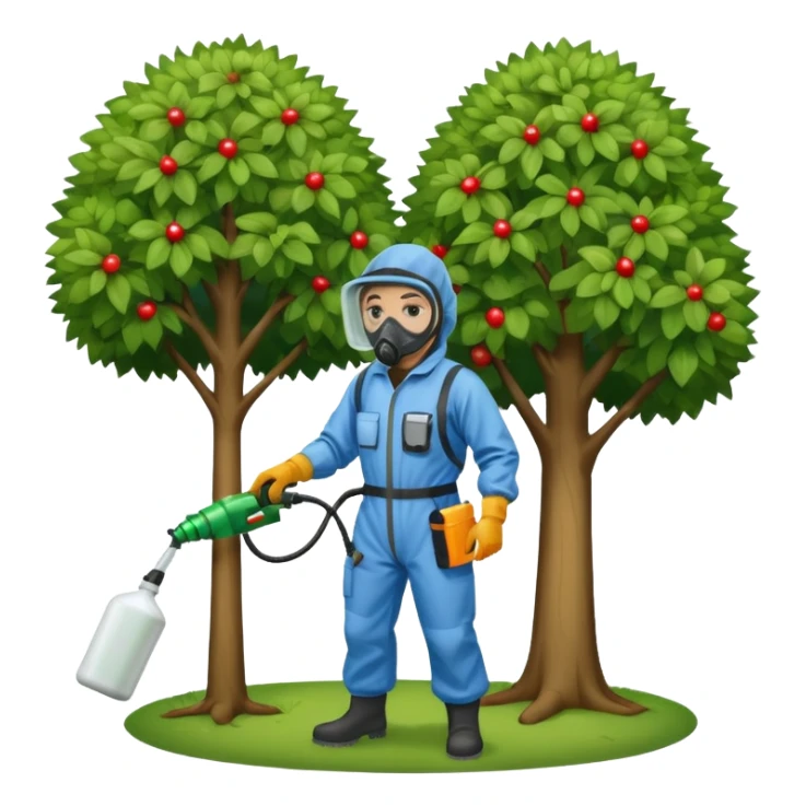 A gardener in protective suit and mask spraying a tree with a sprayer, performing chemical pest control. Bright green garden with trees, visible spray droplets, atmosphere of professional plant protection and garden care sticker