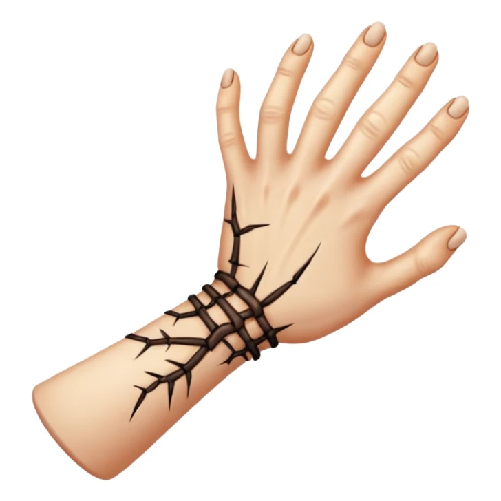 Draw Thing as a realistic severed hand with stitched scars & skin texture, crawling. sticker