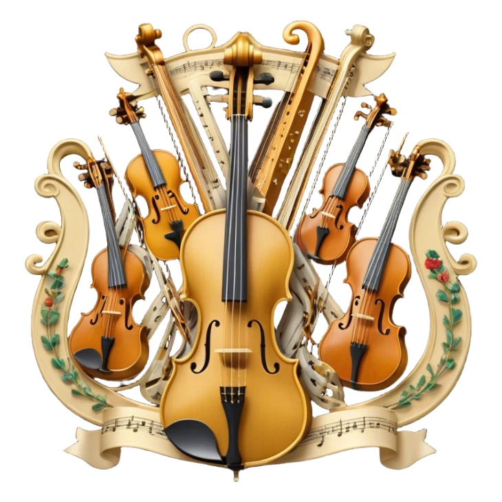 Create a sophisticated, festive, and professional emoji collage resembling a coat of arms, symbolizing string instruments. The design should feature several string instruments, such as a violin, cello, guitar, and harp, arranged in an elegant, balanced composition. Each instrument's neck (fingerboard) should intertwine with flowing musical notes, forming a ribbon-like structure that weaves through the instruments. The strings of the instruments should be emphasized, creating a dynamic and elegant effect. Use rich gold and silver accents to highlight the professional quality of the instruments, with deep wooden tones for the body of each instrument. Surround the instruments with a subtle border, resembling a heraldic crest, and add small decorative elements like laurel leaves or subtle flourishes. The background should be transparent to keep the design clean and polished. sticker