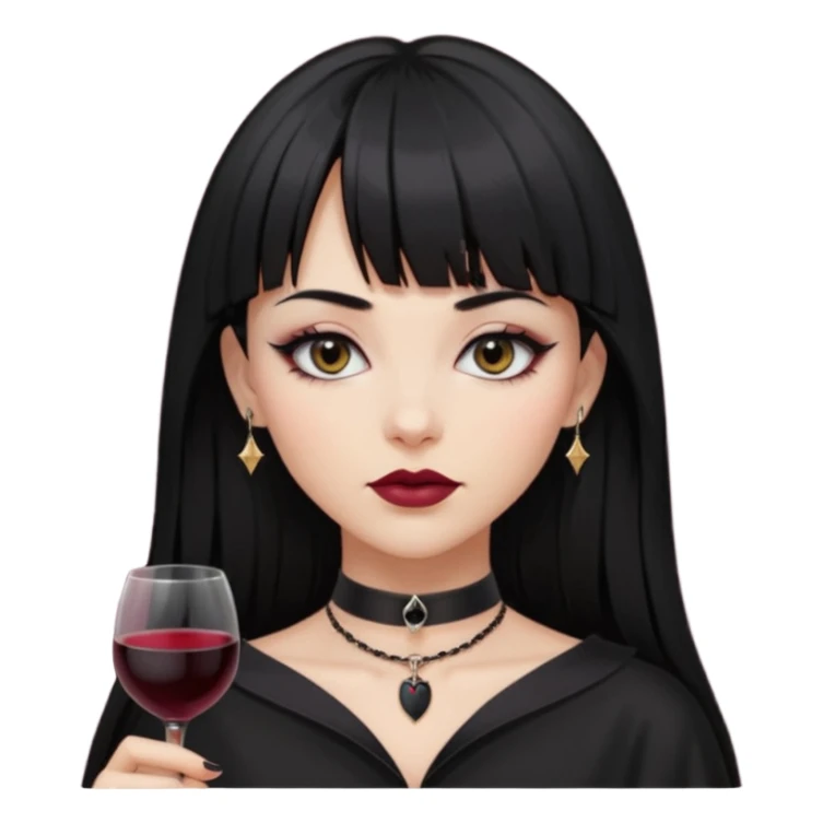 mulher cabelos pretos longos e lisos com uma franja curta acima dos olhos, olhos pretos com delineado, expressão séria, com um sorriso sensual e lábios cor de vinho, ela usa uma gargantilha preta com um pequeno pingente de morcego preto sticker