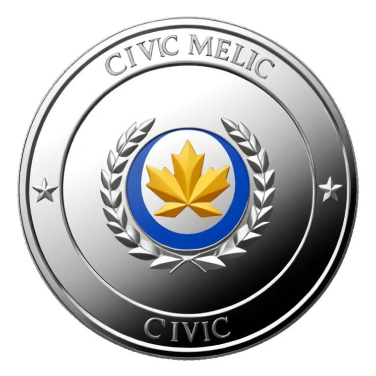 A silver coin type medallion with the words 'Civic Medallion' on it sticker