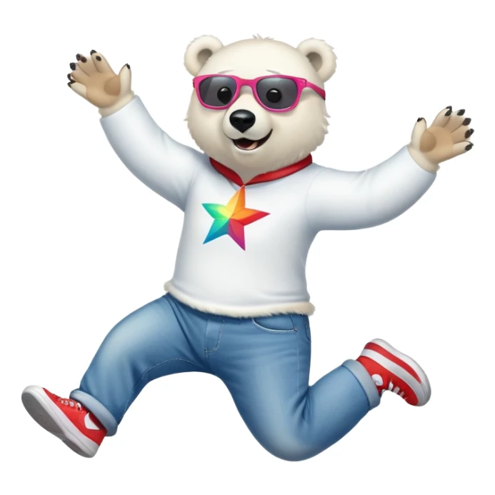 friendly anthropomorphised polar bear leaping with excitement, wearing a shirt, jeans, trainers, oversized colorful star glasses sticker