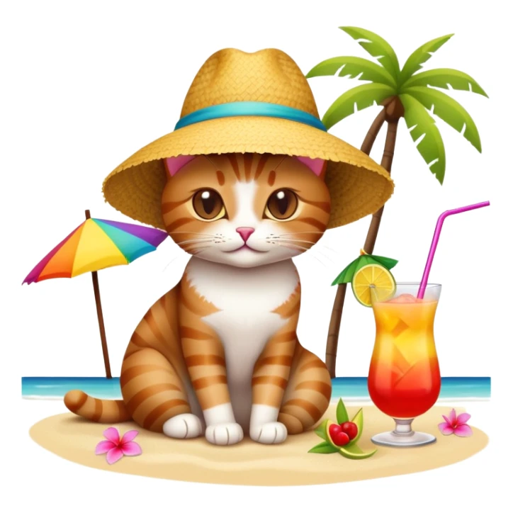 Cat with sunhat relaxing on beach with colorful mai tai cocktail sticker