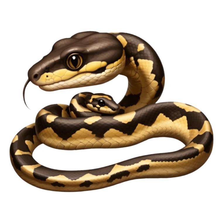 A photo-realistic digital illustration of a Ball Python, large headshot portrait. The snake has a short, rounded snout, smooth contours, and a calm, curious expression. Its head is warm brown with bold, irregular dark markings, including the signature “alien-head” pattern.  sticker