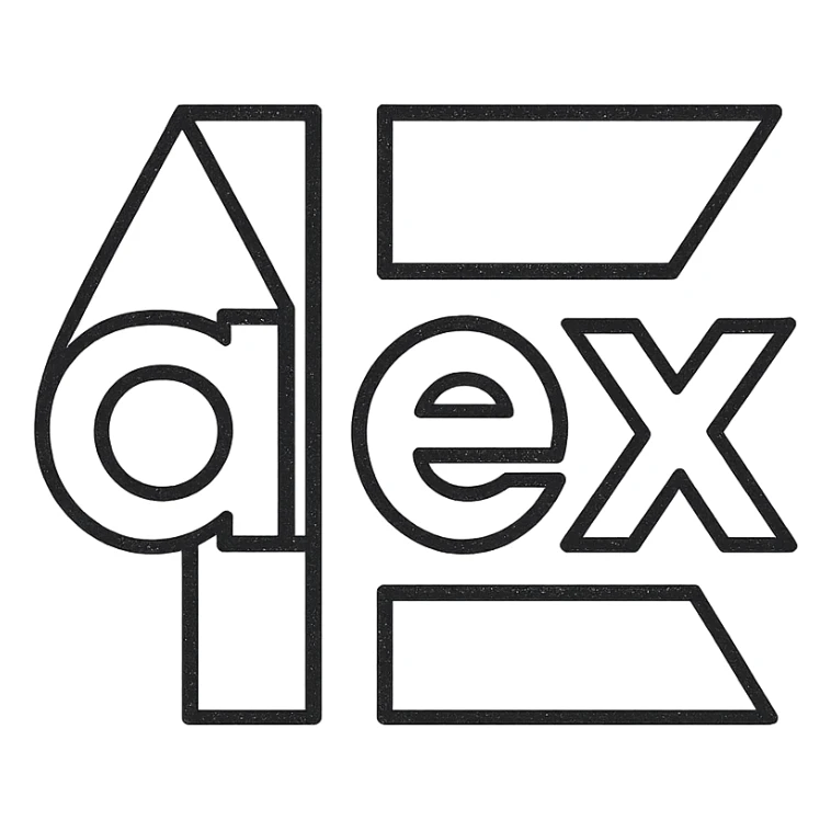 the name 'alex' in a geometric icon style, bold shapes, simple, tech-inspired sticker