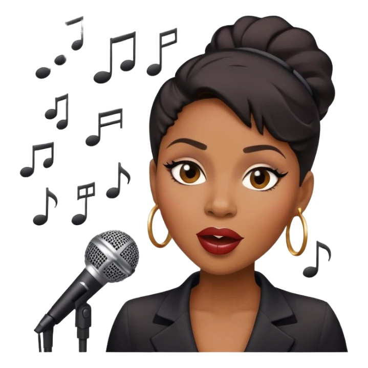 Black female jazz singer with a microphone, expressive face, musical notes sticker