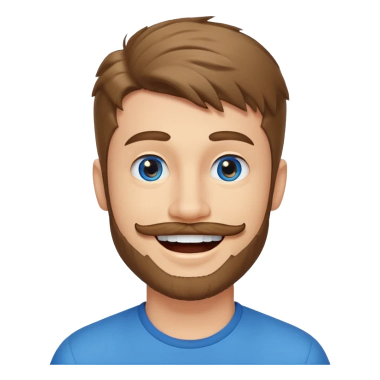 25 year old man, short scruffy beard and thin moustache, brown puffy mullet, blue eyes, big smile, white teeth, big lips, pronounced jaw, hair longer in back, sticking up on top, thin face sticker