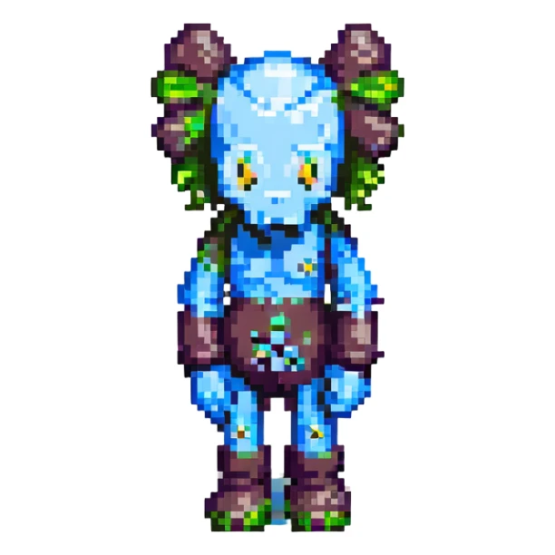 Kaws figure in pixel art style, simplified, with X eyes sticker