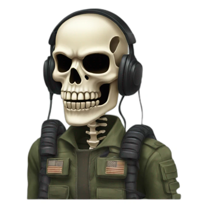 Military Skeleton mask with a long black mask underneath it and headset with a microphone sticker