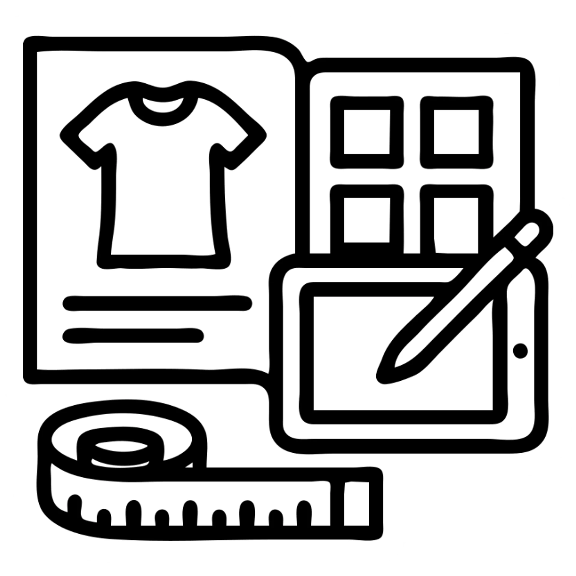 Minimalist vector icon representing fashion design management: an overhead view of a stylized open tech pack document showing a garment sketch, alongside a color swatch grid, a digital tablet with a pen, and a measuring tape curved into the shape of a semicircle. Use clean lines, soft neutral tones with one pop of color (like coral or teal), and geometric shapes. The icon should convey precision, creativity, and fashion process in a modern, professional style. Designed to be easily recognizable at small sizes. Yellow & black theme sticker