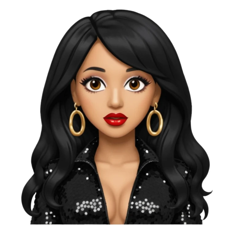 Cardi B with long jet black hair, black sequin outfit sticker