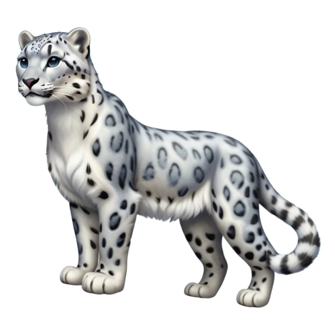 Cinematic-Snow-Leopard-Realistic-Full-Body-Standing-Emoji – Tail curled gracefully, head tilted dramatically, dense spotted fur shimmering in the cold mountain air, powerful yet elegant frame, simplified yet realistic focused features, highly detailed, glowing with an almost sarcastic glow. sticker