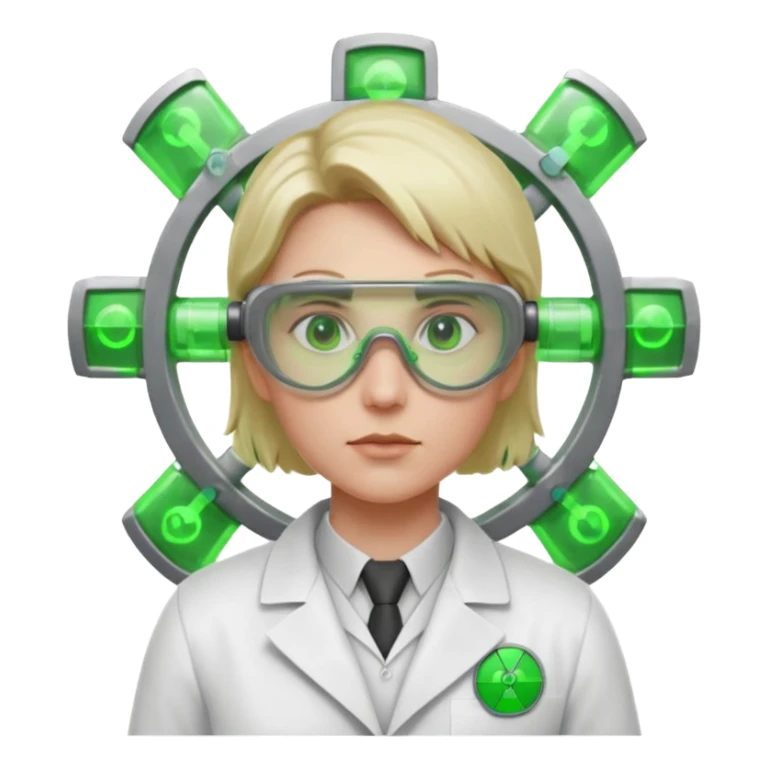 nuclear scientist portrait, head and shoulders only, wearing lab coat collar, protective goggles, glowing green radiation symbol badge, serious expression, sci-fi laboratory vibe, 3D cartoon, mobile game icon style, clean background, no text, no watermark
 sticker