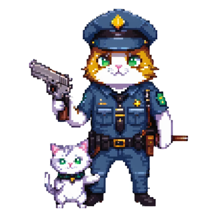 a cop and a cat with a gun, both in a playful pose sticker