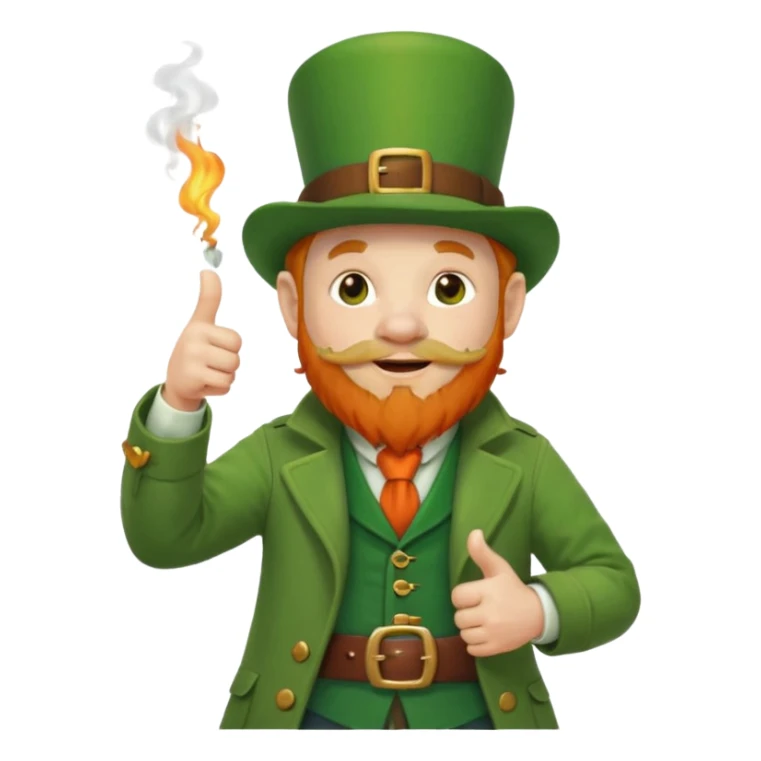 leprechaun looking up, and giving a thumbs up. on his left hand, he is holding his waist. change the hat band with orange band and a red belt. change the facial hair to white. on his mouth, he is smoking a red pipe. sticker