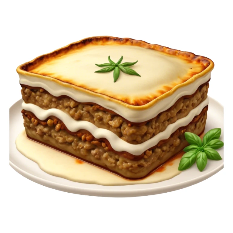 Moussaka Cinematic Realistic Moussaka Dish Emoji, depicted as a rustic serving of moussaka with layers of soft eggplant, ground meat, and a creamy topping featuring a delightfully crispy corner, rendered with rich textures and warm, inviting lighting. sticker