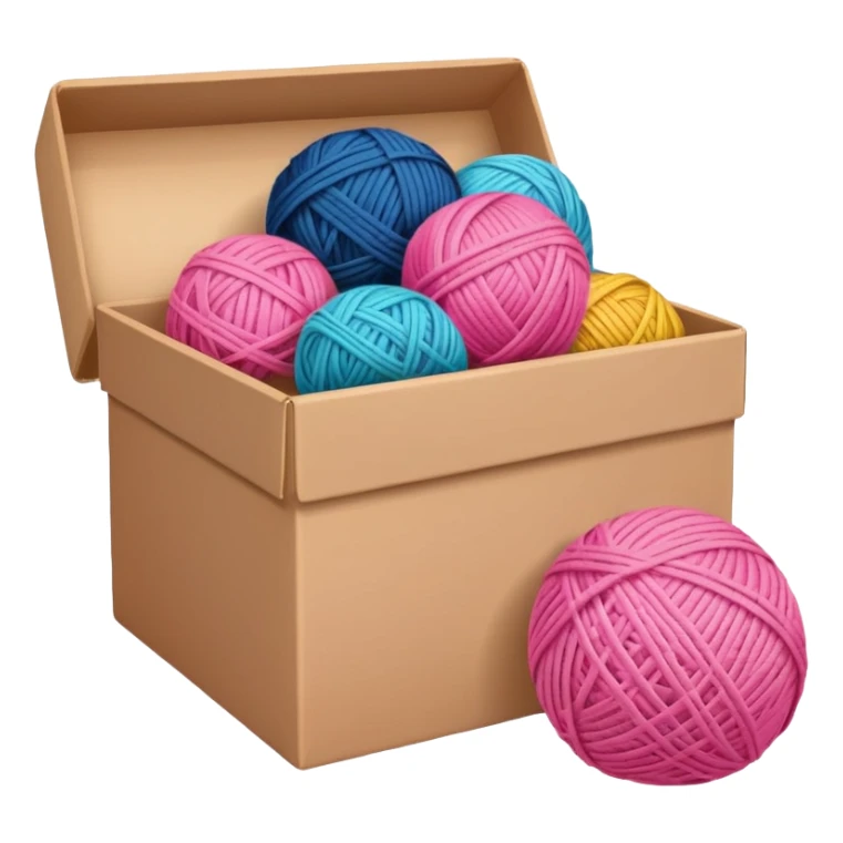 paper box with toys, ball of yarn, pink sticker