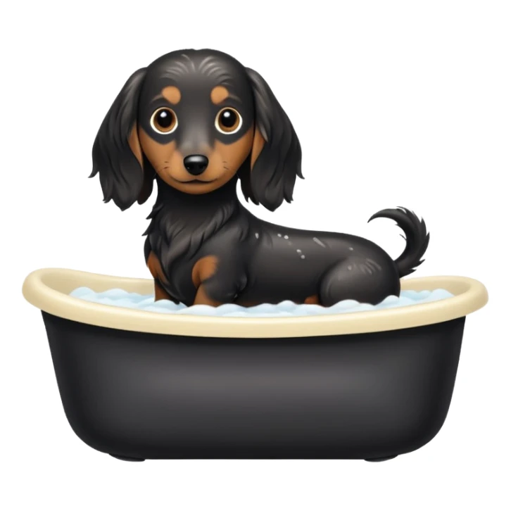 Black and cream Long haired Dachshund getting bath and haircut sticker