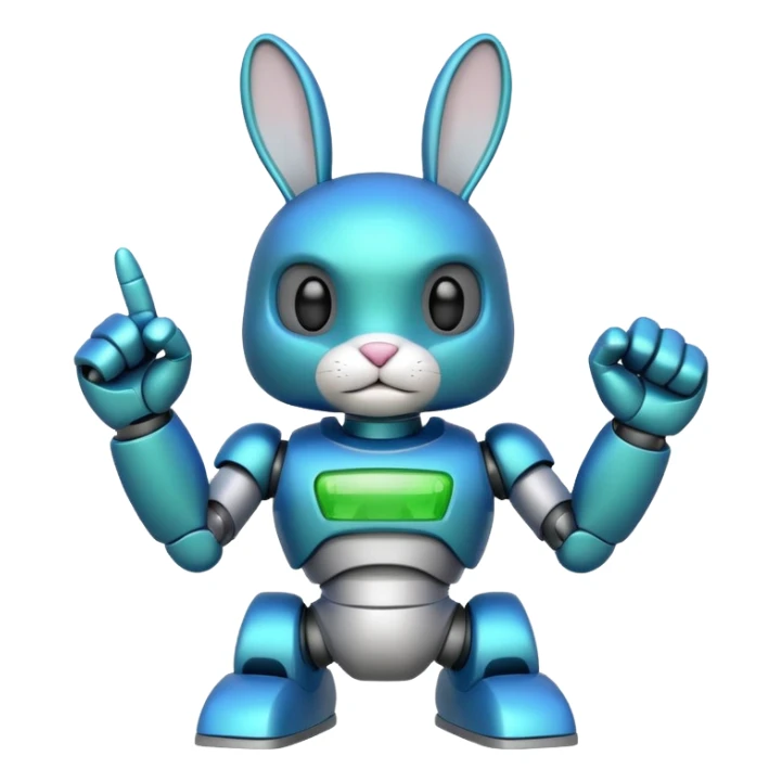 a blue and green robot rabbit has a fist in the air sticker