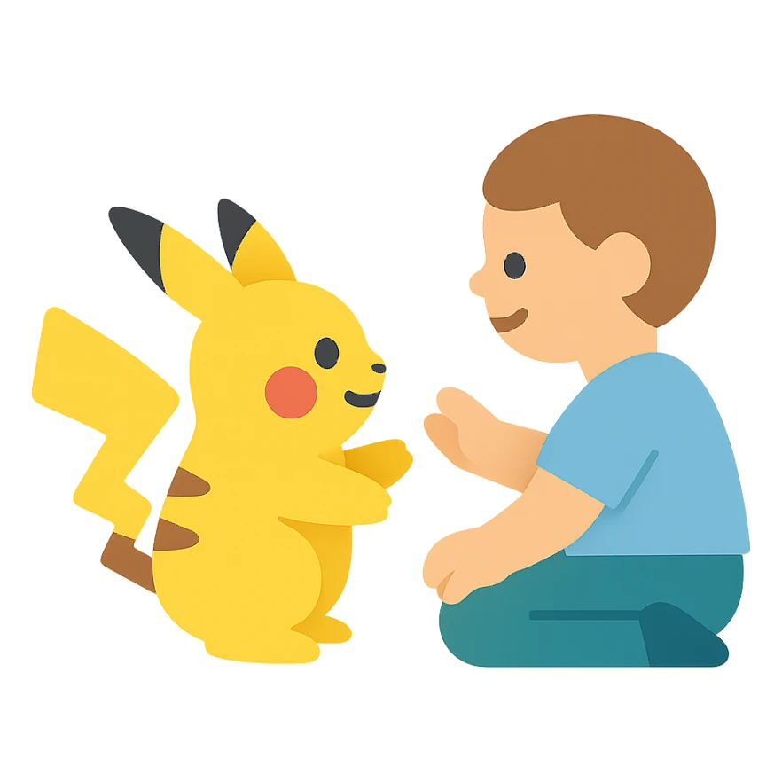 Pikachu playing with a child, colorful icon in a modern style sticker