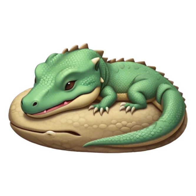 Meme-Worthy cute Sleeping Komodo Dragon Lizard Portrait Emoji, Head resting peacefully with a contented smile, showcasing a rugged, textured form and eyes gently closed in serene slumber, Simplified yet comically adorable features, highly detailed, glowing with a soft, drowsy glow, high shine, relaxed and utterly lovable, stylized with an air of playful laziness, bright and heartwarming, soft glowing outline, capturing the essence of a sleeping ancient guardian that feels destined to become the next viral icon of adorable rest! sticker
