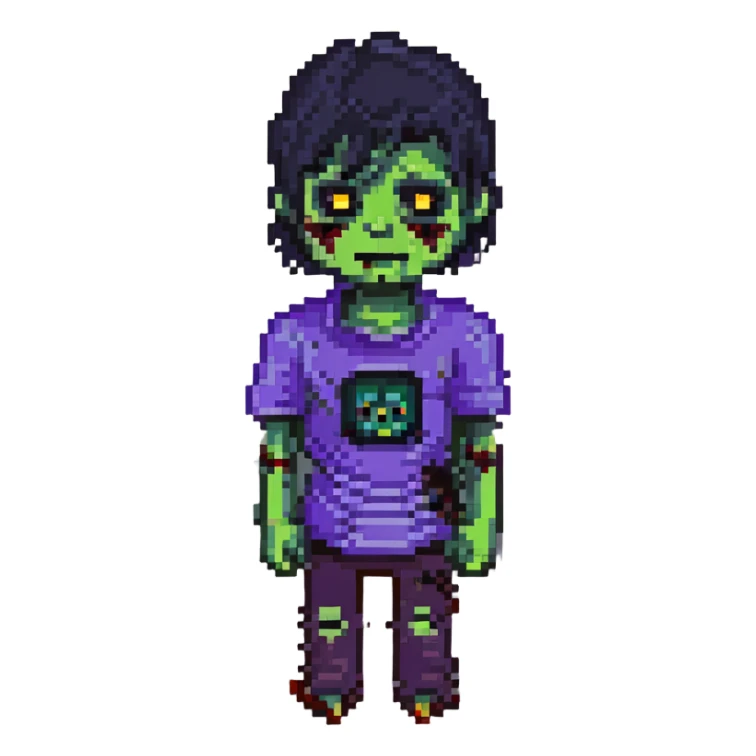 zombie boy with black emo hair and purple shirt, pixel art style sticker