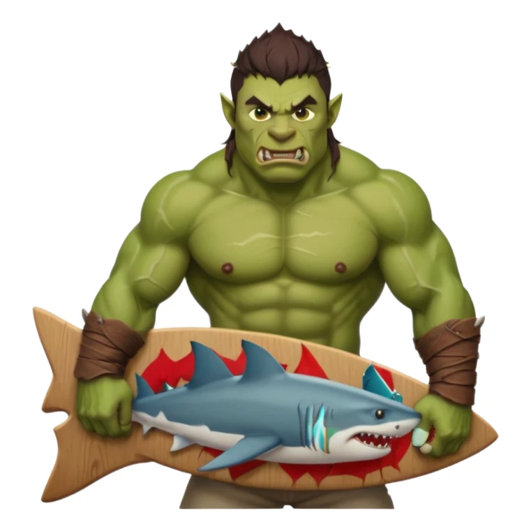 orc male holds a board with a shark painted vertically in his hands sticker