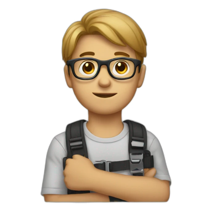 a boy with glasses on his face and a wrist belt on his wrist sticker