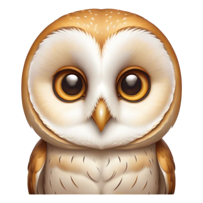 Cinematic Cute Barn Owl Portrait Emoji, Head tilted playfully and inquisitively, featuring a softly mottled Fur of white and brown with delicate feather patterns, round, sparkling amber eyes filled with curious wonder, Simplified yet irresistibly adorable features, highly detailed, glowing with a warm, friendly glow, high shine, affectionate and gentle, stylized with a touch of barnyard whimsy, bright and endearing, soft glowing outline, capturing the essence of a mischievous yet loving owl, so playful it feels like it could swoop out of the screen and into your arms! sticker