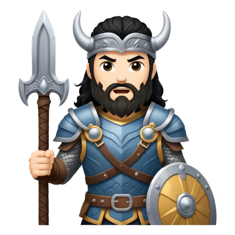 vikingo con armadura de Asgard, pelo negro ondulado, de pie, grito de guerra en torre de Asgard. sticker