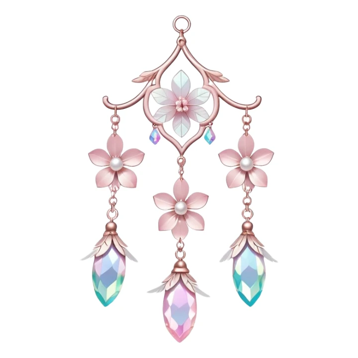 Hanging Iridescent pastel pink sakura crystals white-pearly suncatcher with bells and feathers sticker