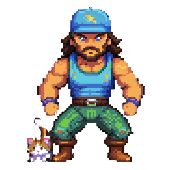 Razor Ramon from Sega WWF Mania video game defeating a cat wearing a cap, 16-bit style sticker