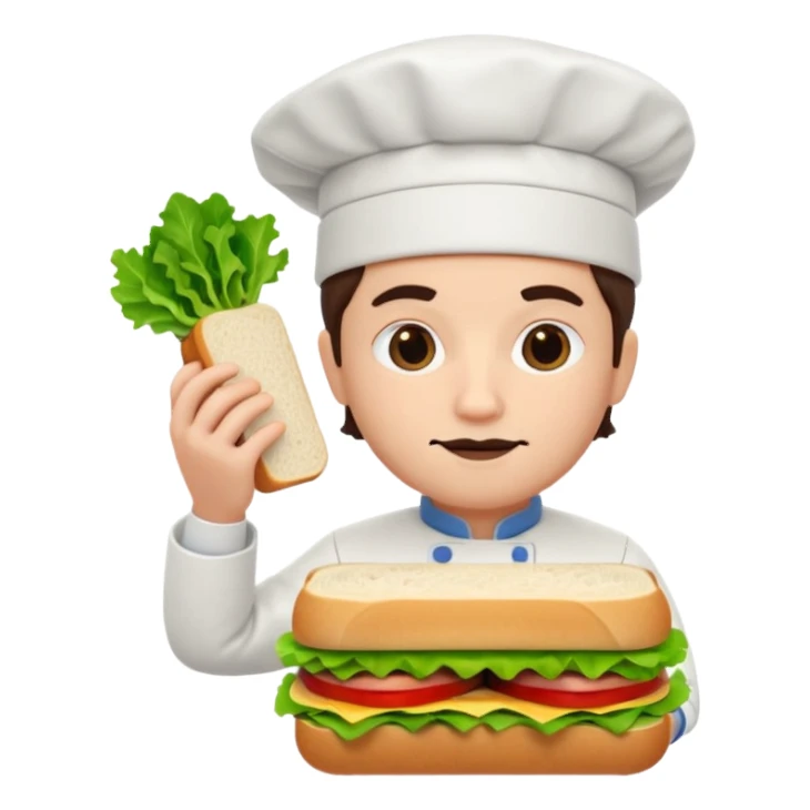 A 3D cartoon chef assembling a fresh sandwich with lettuce and meat, clean kitchen background, Memoji-style. sticker