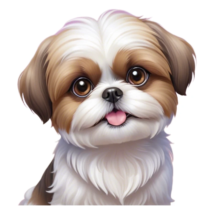 Cinematic Cute Shih Tzu Portrait Emoji, Head playfully tilted with large, sparkling eyes and a fluffy, endearing fur in gentle, pastel tones, simplified yet irresistibly charming, highly detailed, glowing with a warm, cuddly radiance, high shine, radiating affectionate and joyful energy, styled with a soft, playful outline, capturing the essence of a cute Shih Tzu that seems destined to charm everyone in its path! sticker
