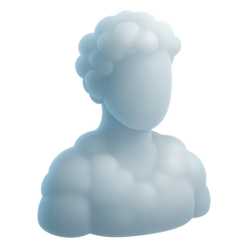 person made entirely of white fluffy clouds, shoulder up, front view, matte glass style sticker