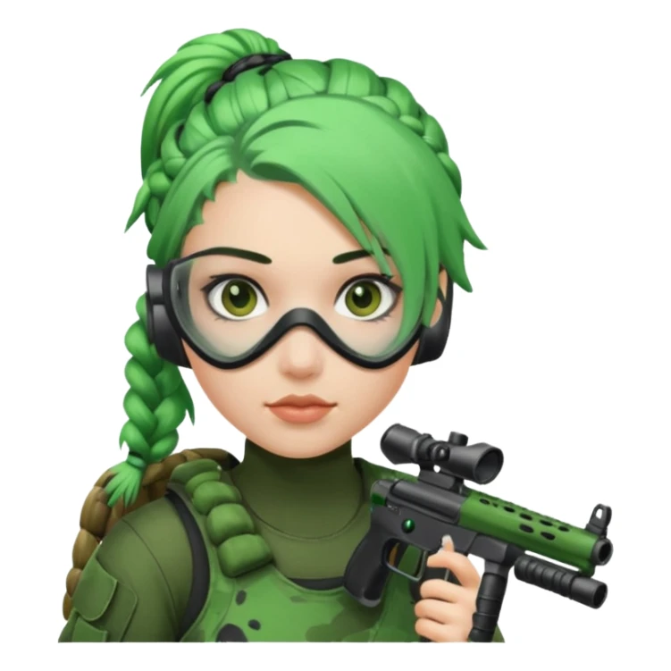 paintball player face girl braided green hair sticker
