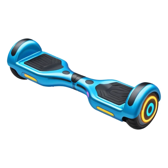 Flat futuristic emoji of a sleek hoverboard floating slightly above the ground, smooth neon edges, minimal shading, white background sticker
