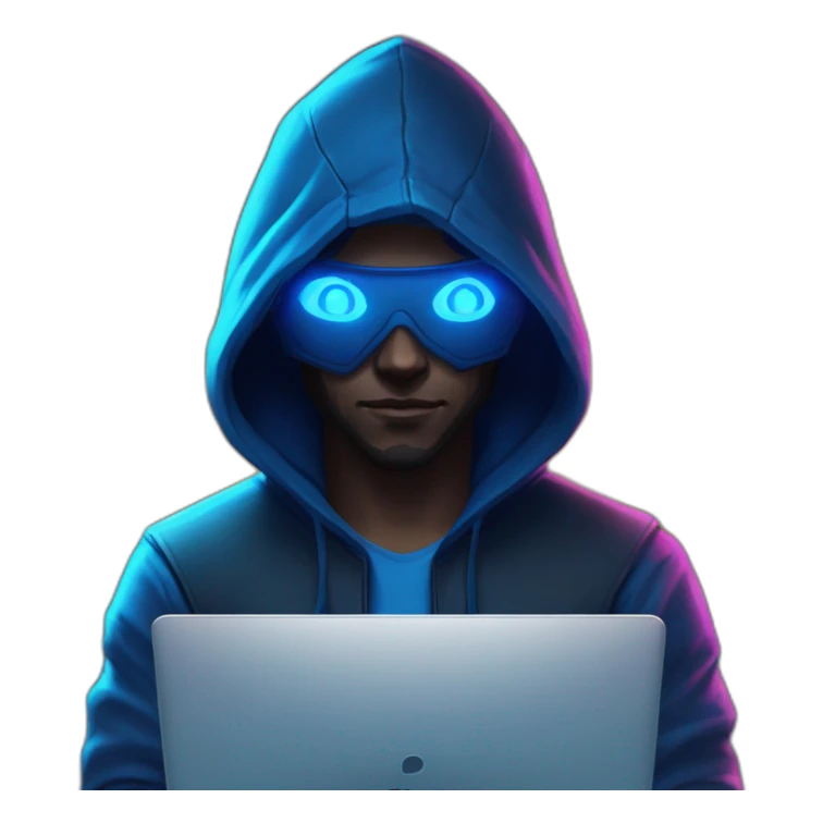 developer behind his laptop with this style : Riot Games Valorant neon blue eyes glowing bright blue character blue black hooded assassin themed character sticker