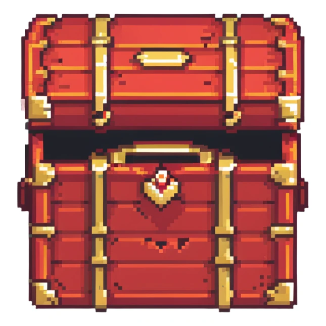 A red RPG treasure chest with gold trim, 16-bit style sticker