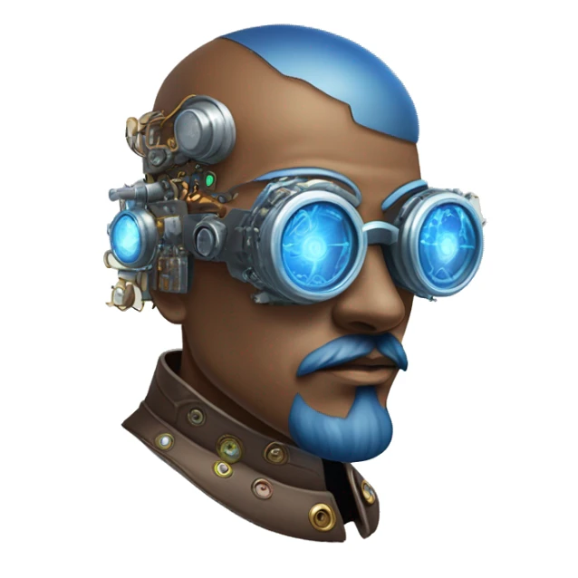 Brown shaved male cyborg head with blue beard, silver steampunk monocle goggles and circuits sticker