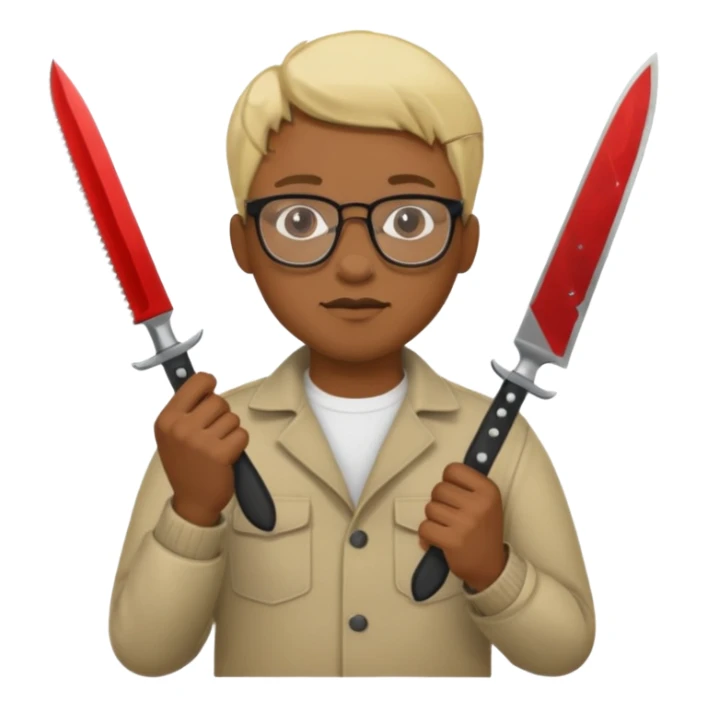 blonde black man with glasses and knives sticker