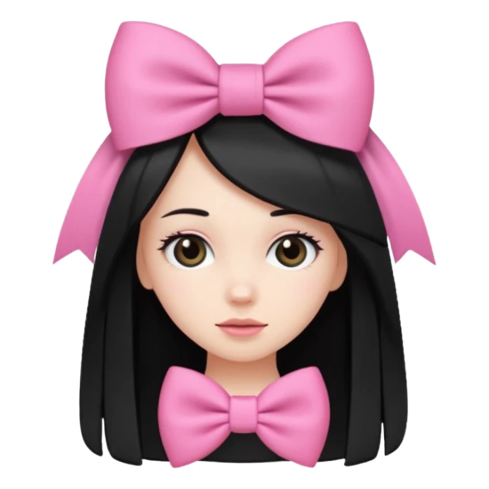 white girl, cute, black long straight hair, large pink bow sticker