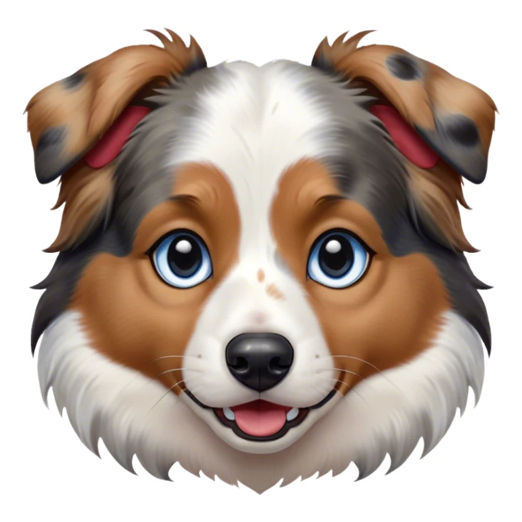 Cinematic Comical Calico Australian Shepherd Portrait Emoji, Head tilted dramatically with an exaggeratedly shocked or offended expression, predominantly white fur with striking black, tan, and red calico merle markings, wide, expressive blue eyes filled with exaggerated disbelief, Simplified yet hilariously expressive features, highly detailed, glowing with a slightly sassy glow, high shine, dramatic yet playful, stylized with an air of attitude, bright and endearing, soft glowing outline, capturing the essence of a sassy and over-the-top pup, so meme-worthy it feels like it could side-eye its way into internet fame instantly! sticker