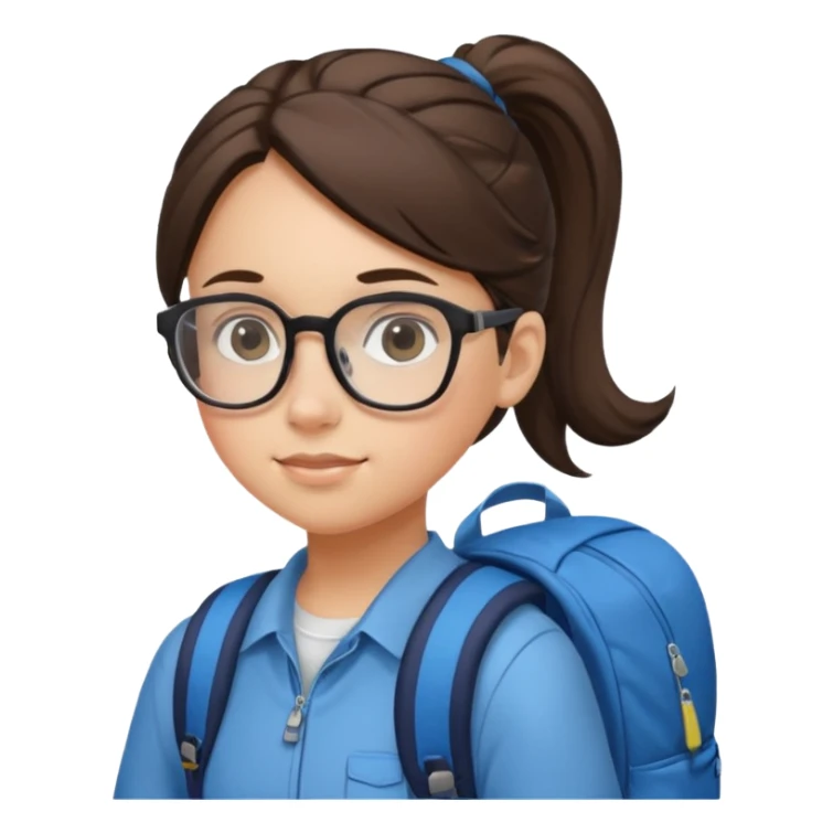 student brunet kid girl, ponytail wearing glasses with backpack sticker