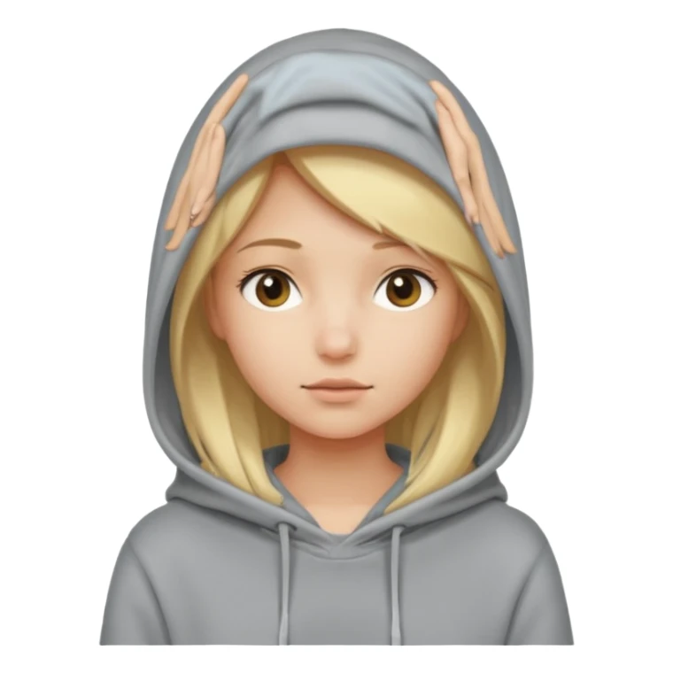 blonde girl with her head covered in a sweatshirt and hood sticker